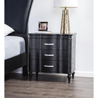 Gulches Glam Style Black Nightstand Crystal like Acrylic Handles, Curved Fronts, Felt Lined Drawer, 27"W x17"D x28"H