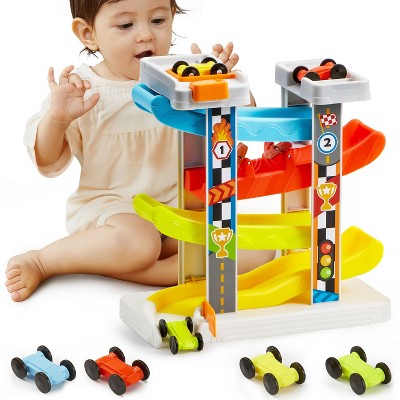 Joyfy Car Ramp Toy for 2 3 Year Old Boy Gifts, Toddler Race Track Toy for 18 Month Old with 4 Wooden Cars and Multiple Parking Spaces,Birthday Gifts