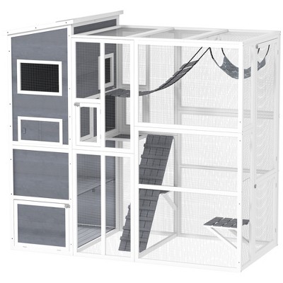 PawHut Catio Outdoor Cat Enclosure, 76" Large Wooden Cat House with 4 Tier Resting Rooms, 3 Platforms, 1 Soft Ladder, 2 Ramps, 1 Hammock, Gray