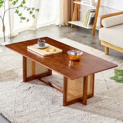 CENGHU Modern Simple Rectangle Double-Layer Coffee Table, Solid Wood Glass Desktop Tea Table Rattan Woven, Side Table for Living Room, Dining  Room