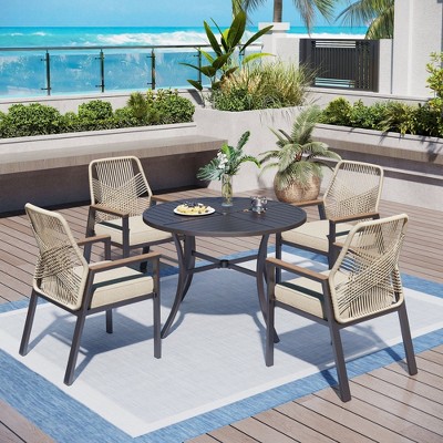 Captiva Designs 5pc Patio Dining Steel Set with Slat-top Round Table & Beige Rattan Chairs with Thick Cushions
