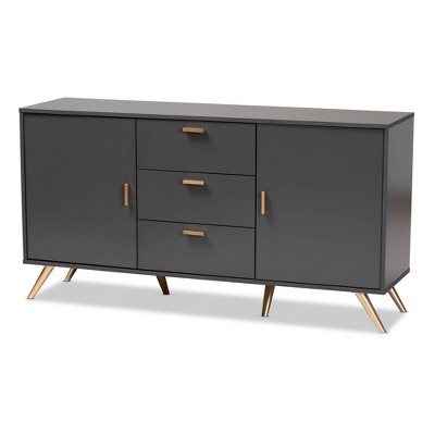 Baxton Studio Kelson Wood 2 Door Sideboard Buffet Dark Gray/Gold: Mid-Century Modern Storage Console with 3 Drawers