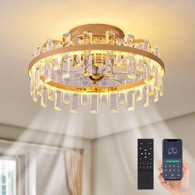 Ludomide 19" Modern Crystal Flush Mount Ceiling Fan with Lights and Remote, Luxury Gold Crystal Cage Low Profile Ceiling Fan for Bedroom