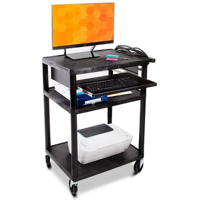 Stand Steady Line Leader Plastic AV Cart + Keyboard Tray| Mobile Workstation - Black