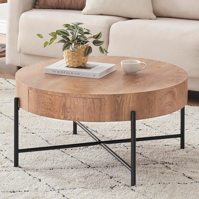 Garvee Farmhouse Round Coffee Table Solid Wood Center Table with Two Drawers, Brown