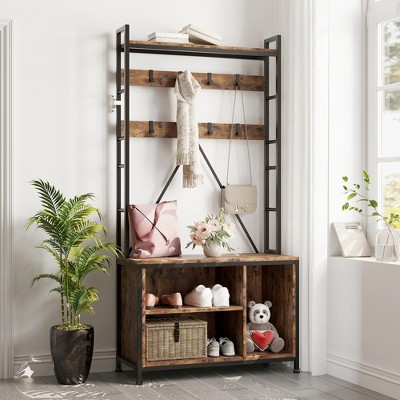 Hall Tree with Bench and Storage, 3-In-1 Entryway Coat Rack & Shoe Bench Organizer for Hallway