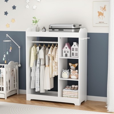 KTMBDW Kids Dress Up Storage with Mirror, Kids Wardrobe Closet, Dress Up Armoire for Little Girls, Open Hanging Costume Organizer for Kids Room, White