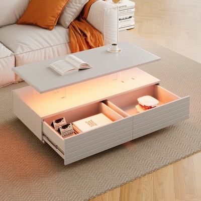 NicBex Modern Coffee Table with Storage,2-Tier Fluted Design with LED Drawers & Open Shelf,Multi-Functional Accent Table for Bedroom