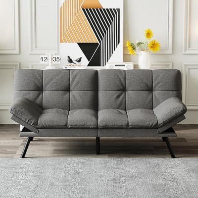 Dyonery Convertible Futon Sofa Bed with Adjustable Backrest & Removable Armrests, Foldable Sleeper Loveseat for Small Space Living Room