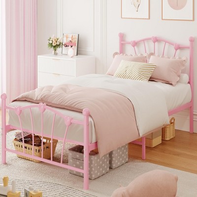 Twin Size Bed Frame，Heart-Shaped Metal Bed Frame with Headboard/Footboard & Underbed Storage，No Box Spring Needed