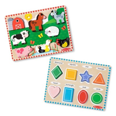Melissa & Doug Chunky Puzzle 2pk - Farm, Shapes: Educational Wooden Puzzles for Toddlers, 8-Piece, Animal Theme