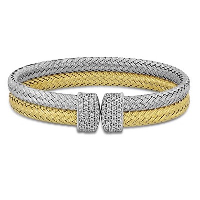 EVERLY JEWELRY | Two Tone Silver 0.64 CT TGW white Cubic Zirconia 2 row woven stretch Bangle