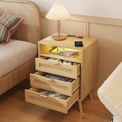 Rattan Nightstand with Charging Station USB Port Led Lights, End Table, Burlywood