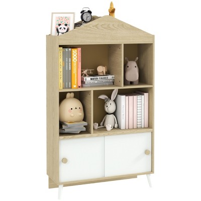 Qaba Kids Bookshelf and Toy Storage, Montessori Bookcase with Top Shelves, 4-Cubby Children's Toy Shelf for Playroom, Children's Room