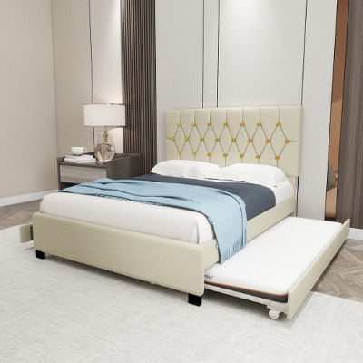 Lyngins Modern Upholstered Bed Frame with Tufting, Queen Size Beds with Headboards, Pull-Out Twin Trundle, 2 Storage Drawers, No Box Spring Needed