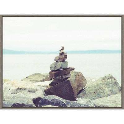 24" x 18" Bay Rocks and Beach II by Sonja Quintero Framed Wall Canvas - Amanti Art: Modern Style, Polystyrene Frame, Nature Scene