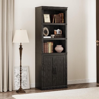 Acekool 5-Tier Farmhouse Bookshelf with Doors, Wooden Storage Cabinet for Living Room, Office, Bedroom