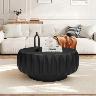 Round Solid Wood Carved Coffee Table with Ash Veneer Top-- Frevyn