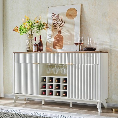 SinCiDo 60" Modern Fluted Wine Bar Cabinet, Coffee Bar with Wine & Glass Rack, 3 Drawers & Adjustable Shelves, Buffet Sideboard