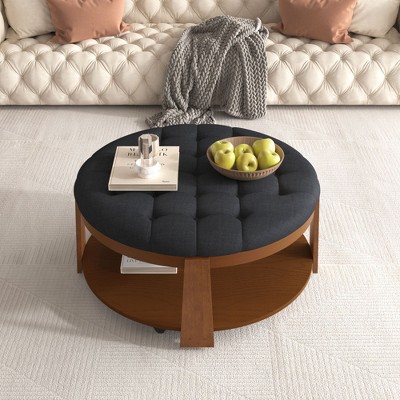 CAVINAS 36 Inch Round Upholstered Coffee Table for Living Room,Modern Center Table with Storage Shelf and Wheel