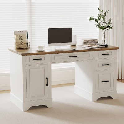 58 Inch Large Home Office Desk, 5 Drawers & Cabinet, Modern Minimalist Wood Writing Table for Living Rooms, Study Rooms, Bedrooms
