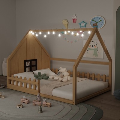 GDFStudio Grover Full-Size Wood House Montessori Floor Bed with Guardrails and LED Light