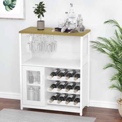 Wooden Wine Bar Cabinet for Small Spaces, Compact Drinks Storage with Adjustable Wine Racks & Glass Holder, Kitchen Sideboard for Flats