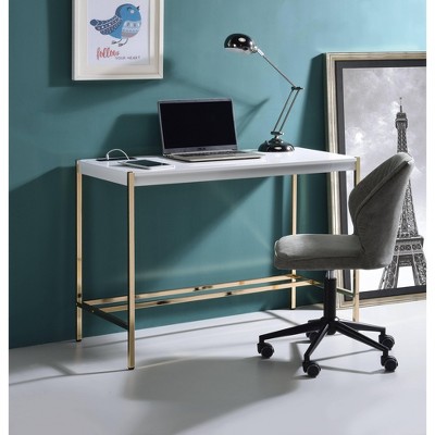 CAVINAS Home Office Desk Modern Writing Desk with Sockets and Gold Metal Legs for Study