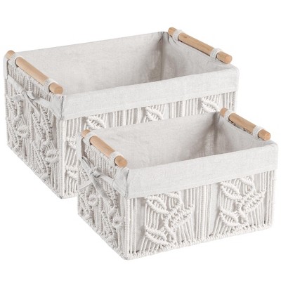 Aoibox Storage Basket White Boho Decor Handmade Cotton Woven Versatile Organizer with Wooden Handle for Bathroom Bedroom Closet
