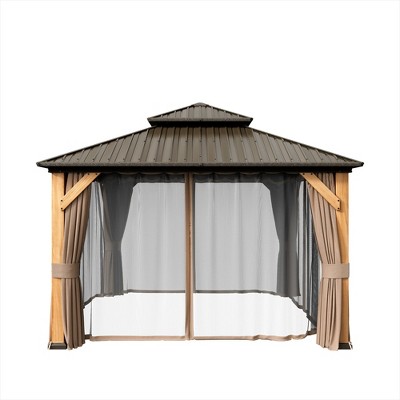 Mondawe 12 ft. x 12 ft. Galvanized Steel Double Roof Cedar Wood Frame Hardtop Gazebo with Curtains and Netting