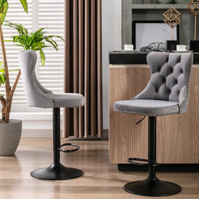 TiramisuBest Set of 2 Swivel Velvet Barstools, Adjustable 25-33" Height, 17.7" Base, Tufted Upholstered Chairs with Backs for Kitchen (Black)