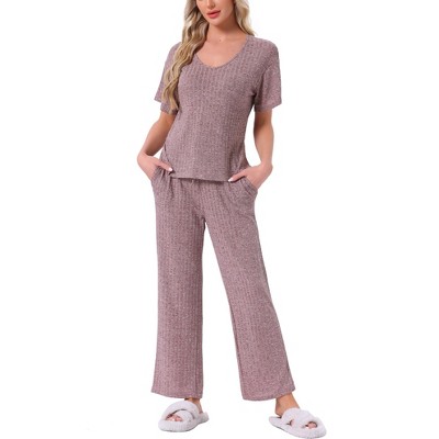 INSPIRE CHIC Womens Lounge Casual Ribbed Knit Short Sleeve Drawstring Pants Pajama Set with Pockets
