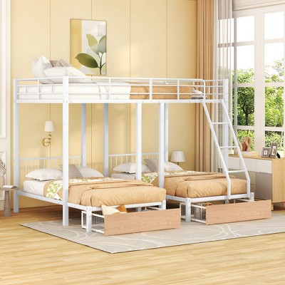 Full Over Twin & Twin Bunk Bed, Metal Triple Bunk Bed with Drawers and Guardrails - ModernLuxe