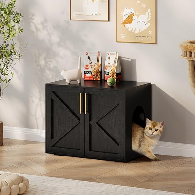 Cat Litter Box Enclosure, Hidden cat Litter Box Furniture with with 2 Doors and Pads, Wooden Kitty Litter Box Cabinet Furniture
