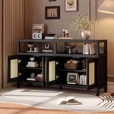 Merax Bohemian Rattan Sideboard Buffet Storage Cabinet with Adjustable Shelves