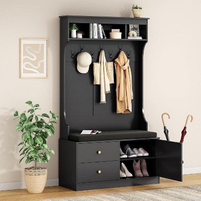 FONTOI Hall Trees, Hall Tree with Bench and Shoe Storage, Mud Room Bench with 7 Hooks for Entryway Home Office, Black, 15.7"*70.9"*40.1"