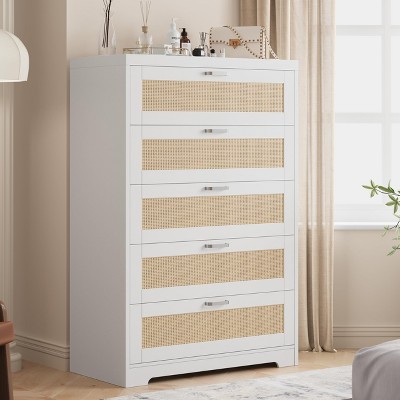 Tall Rattan Dresser with 5 Drawers,Wooden Spacious Storage Chest of Drawers with Wide Top,Handles,Easy to Assemble,Modern Dresser
