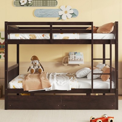 Whisen Convertible Rubber Wood Bunk Bed with 2 Drawers, Ladder and Safety Guardrails