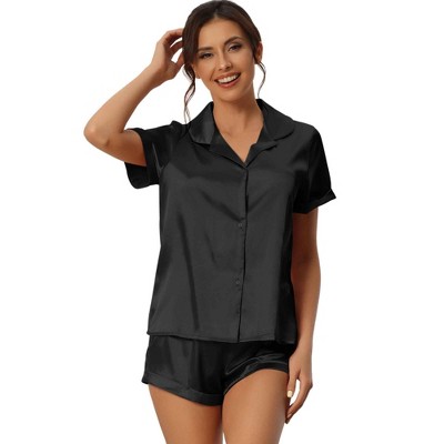 Women's Satin Lounge Set Button Down Short Sleeve Shirt and Shorts 2-Piece Sleepwear Pajama Sets