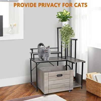 GustoWave Cat Litter Box Enclosure Furniture, Corner Wooden Cat Washroom with Flower/Plant Stand, Sliding Pull-Out Tray