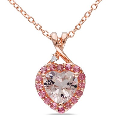 EVERLY JEWELRY | Rose Plated Sterling Silver 0.005 CT Diamond TW & 1 1/3 CT TGW Morganite Pink Tourmaline Heart Pendant With Chain