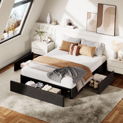 Full/Queen/King Size Bed Frame with 3 Storage Drawers, Fabric Upholstered Platform Bed, Wooden Slats Support, No Box Spring Needed