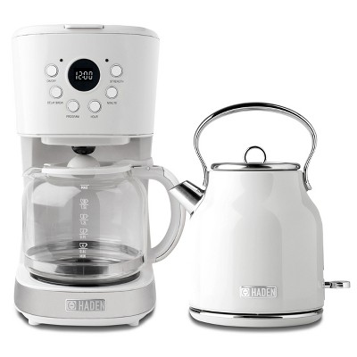 Haden Coffee Machine, 12 Cup Drip Coffee Maker Bundled with Heritage 1.7 Liter Stainless Steel Electric Kettle, Ivory & Chrome