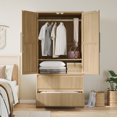 Garvee Armoire Wardrobe Closet, Bedroom Tall Wooden Wardrobe Storage Cabinet with 2 Drawers, Hanging Rod, 2 Doors, for Bedroom, Apartment