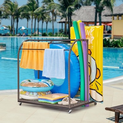 Garvee Poolside Towel Rack Outdoor,Rattan Weaving Towel Rack Freestanding,Storage Organizer with Compartment for Floats, 5 Bar Towel Storage
