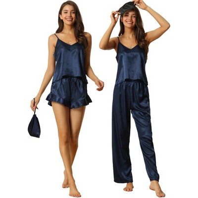 cheibear Women's Satin Cami Shorts and Long Pants Sleepwear with Sleep Mask and Storage Bag Pajamas Sets 5 Pcs