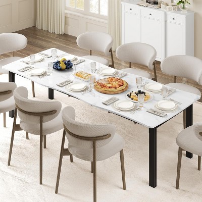 Minimalist Dining Table for 6-8, Rectangular Table with Wave Edge, 15mm Thick MDF Top & Metal Frame, Waterproof Scratch-Resistant