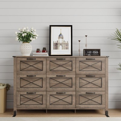 9 Drawers Dresser, Wood Rustic Chests of Drawers for TV Stand