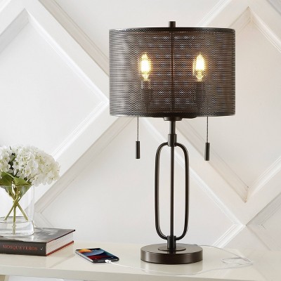 27" 2-Light Hank Industrial Farmhouse Iron LED Table Lamp with USB Charging Port Oil Rubbed Bronze (Includes LED Light Bulb) - JONATHAN Y