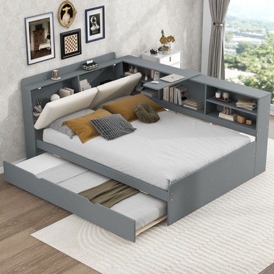 PAGED Bed Frame Wood Platform Bed with Trundle, Shelves and Storage Headboard, No Box Spring Required